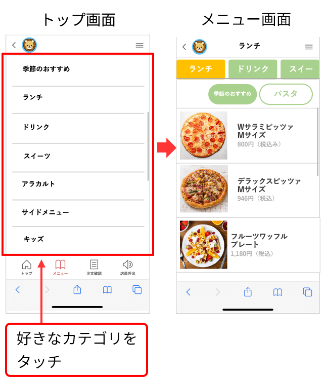 スマートメニウくんのTOP画面から好きなカテゴリをタッチ