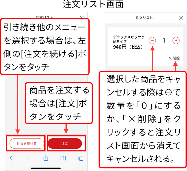 引き続き他のメニューを選択する場合は、左側の[注文を続ける]ボタンをタッチ、商品を注文する場合は[注文]ボタンをタッチします。